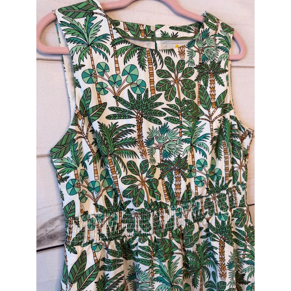 Boden Womens Tropical Palm Tree Print Smocked Waist Cotton Dress Green US 10R - Picture 2 of 5